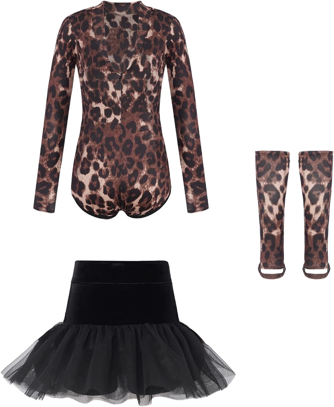 Kids Leopard Long Sleeve Dance Gymnastics Competition Bodysuit with Skirt And Socks for Hip-hop