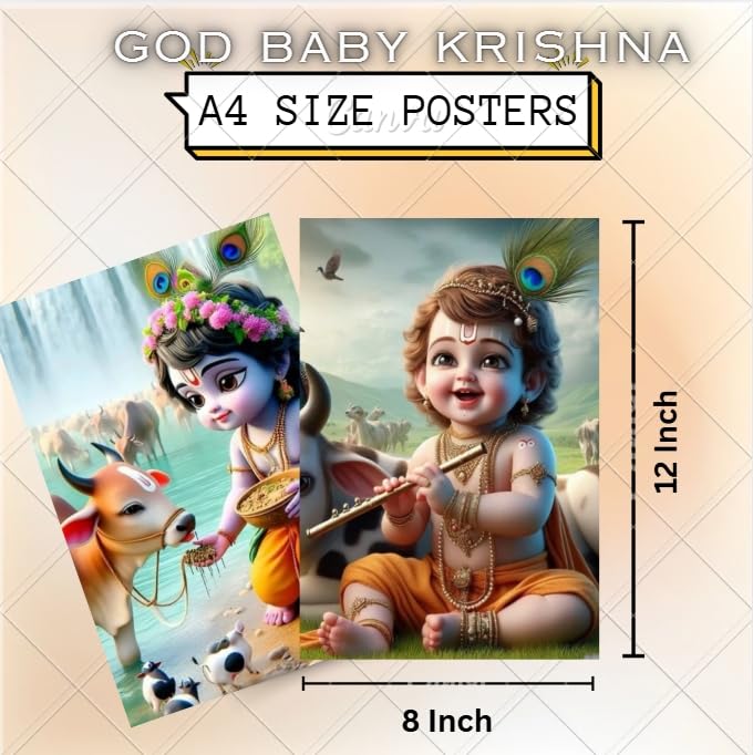 Image of Posters Inc Set of 12 Positive Vibes Bal Krishna Wall Stickers | Cute Baby Krishna Posters for Pregnant Women & Kids Room | HD Print on 300 GSM A4 (8x12 Inch) with Glue Dots | Aesthetic Baby God Wall Art, Nursery & Home Decor