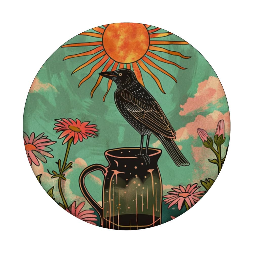 Thrush Bird Floral Retro Tarot Card PopSockets Swappable PopGrip, Black - Image 3