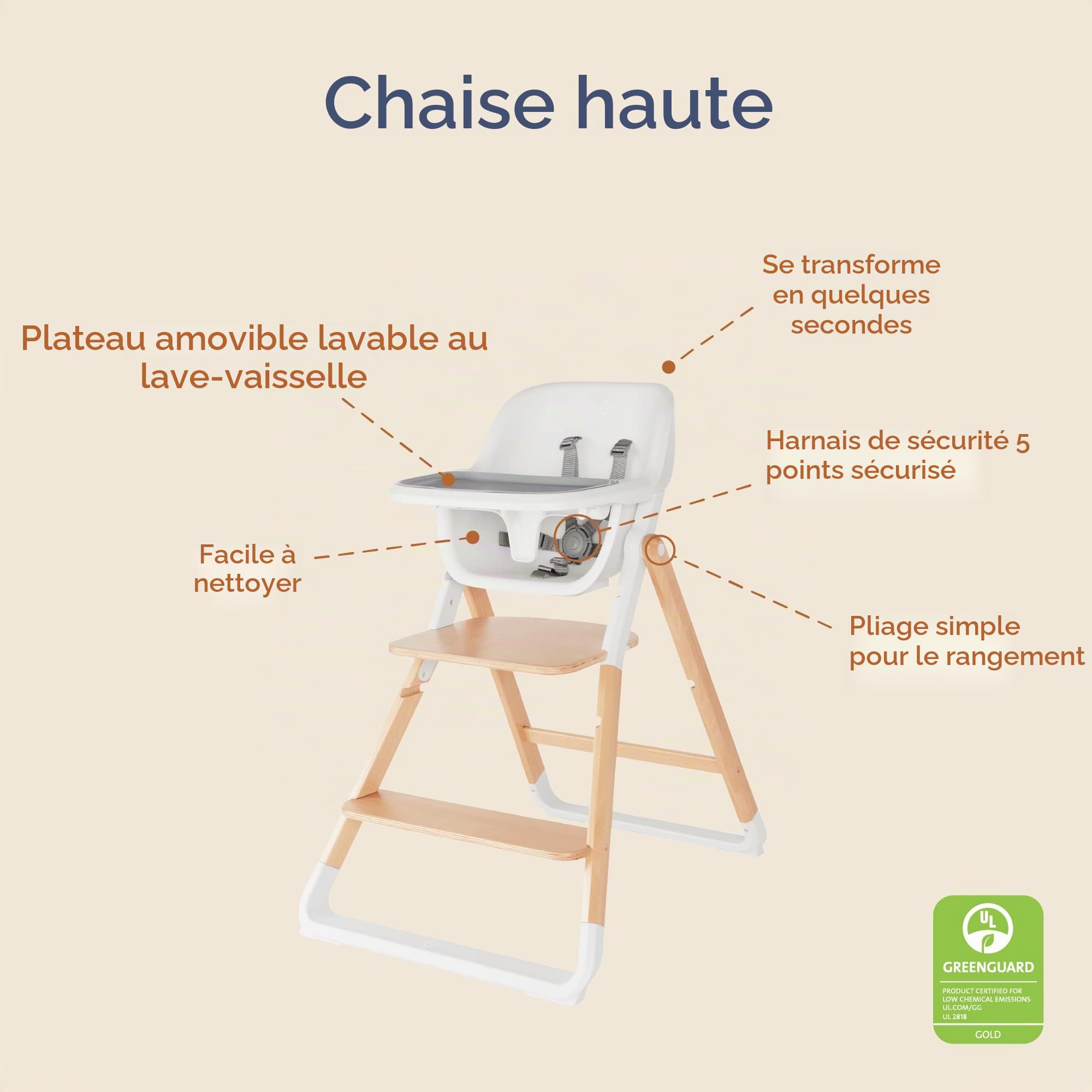 Ergobaby Chaise Haute Evolve, Chaise haute ergonomique pour bébés Évolutive à partir de 6 mois, Chaise haute pour bébés avec harnais à 5 points, pour enfants avec assise réglable, Natural Wood