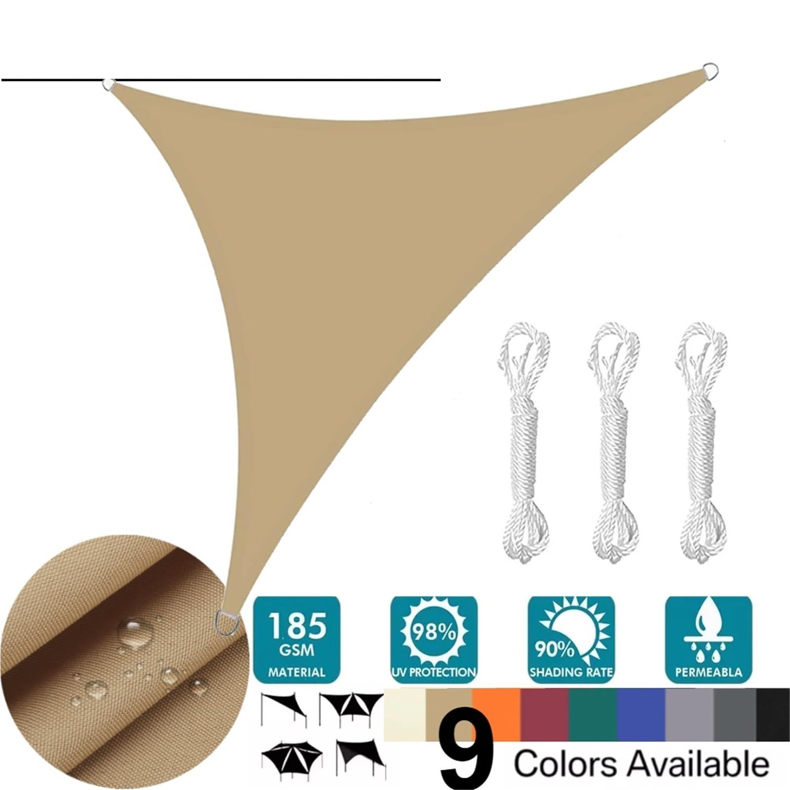 Sonnensegel Dreieckig 4 Größe 9 Farbe Wasserdicht Grau Schwarz Dreieck Sonnensegel Baldachin UV Block Unterstände for Outdoor Hinterhof Markise Garten(Sand and 24pc,300x300x300cm)