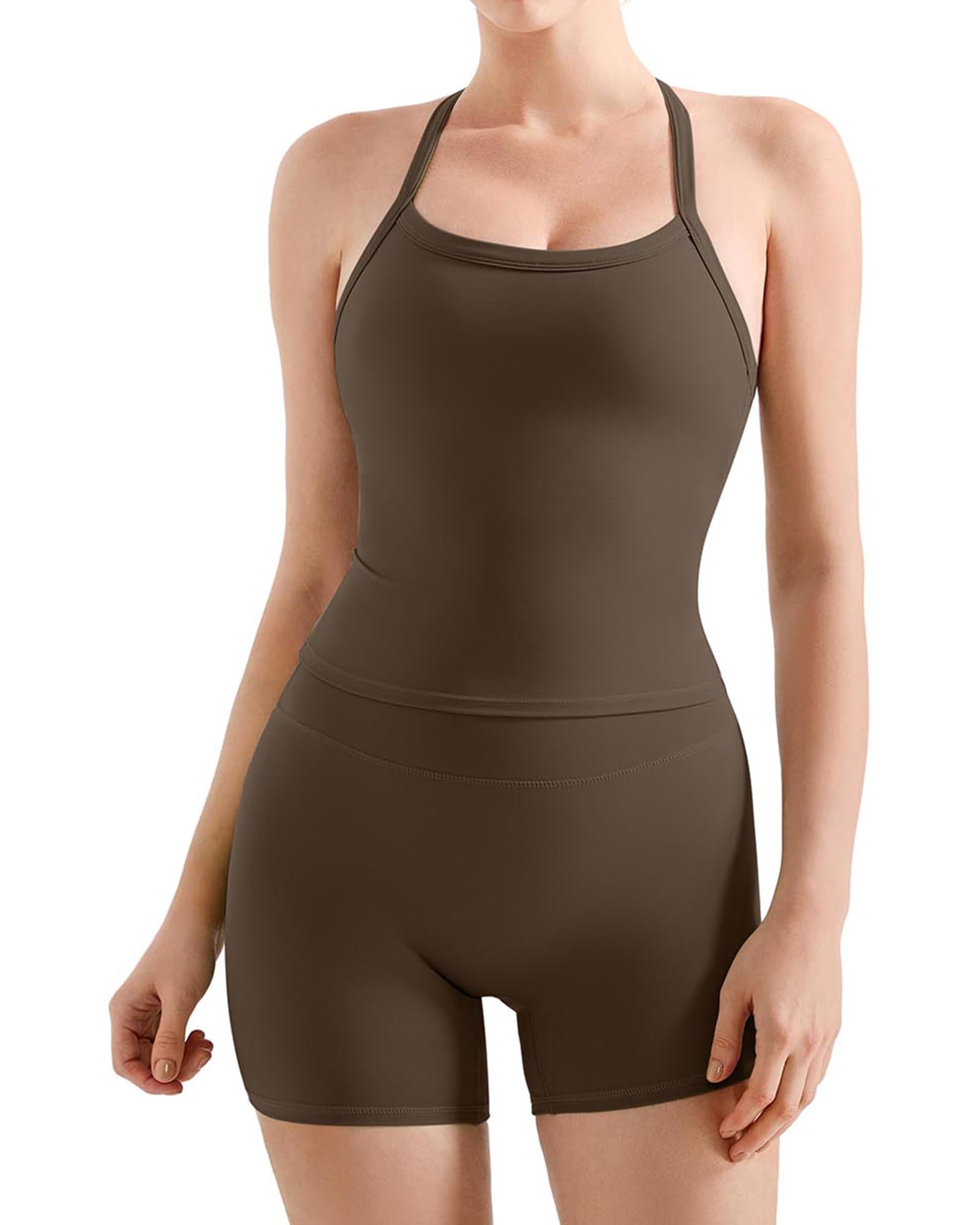 SUUKSESS Women 2 Piece Workout Sets High Waisted Tummy Control Biker Shorts Halter Padded Tank Tops