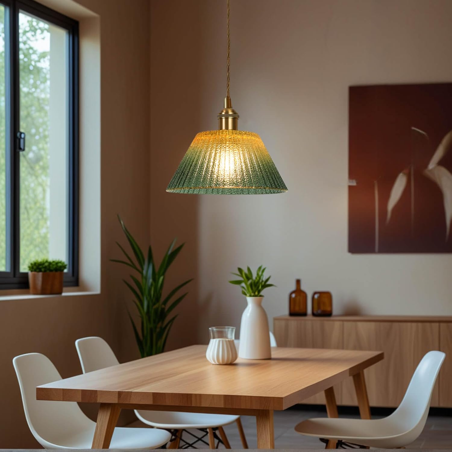 Glass Pendant Light Fixtures Adjustable Hanging Lamp, Gold Green Glass Pendant Lights Kitchen Island Dining Room Hallway Bedroom Living Room, LED Bulb Included