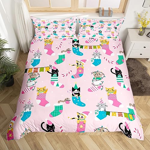 Pink Christmas Bedding Set Kids Cute Cat Comforter Cover Set for Boys Teens Duvet Cover Socks Pink Bedspread Cover Room Decor Quilt Cover Double - Image 3