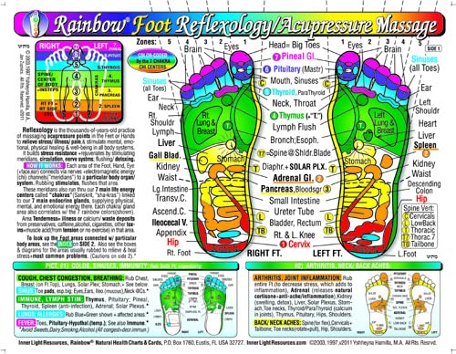 SET 4 CHARTS: REFLEXOLOGY-FOOT & HAND, CHAKRAS, & IRIDOLOGY (EYE Reflexology). in Inner Light Resources RAINBOW® Charts Series. 8.5 x 11 in. (Small Poster/ Large Cards)