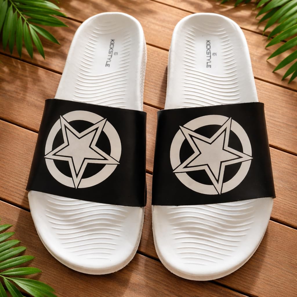 kickstyle Men’s Stylish Slide Slippers | Comfortable Casual Slip-On Sandals for Men | Lightweight Anti-Slip Indoor Outdoor Slides | Trendy Printed Strap Flip Flops for Daily Wear (KS2021)-picture-34