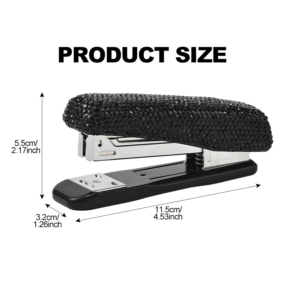 JSCARLIFE Bling Crystal Stapler,Sparkly Diamond Stapler for Desk Handmade Clay Rhinestone Machine Cute Stapler Pretty Office Stationery Kit for Girl Women Lady Christmas (Large Size-Black) - Image 2