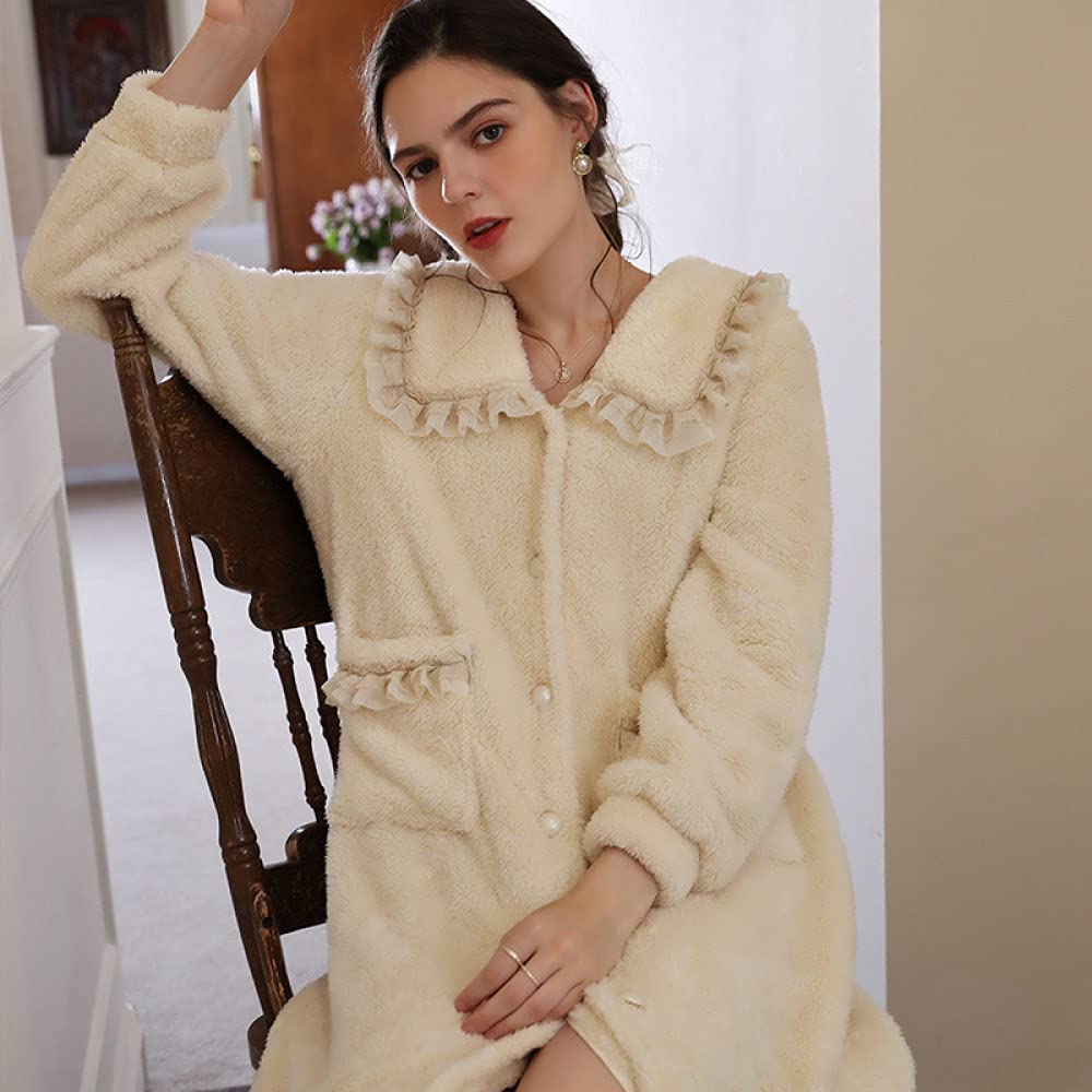 Mujer Camisón,Camisones De Mujer De Manga Larga Botón De Albaricoque De Moda Espesar Camisón De Franela Suave Cuello De Solapa Suelto Bata Informal Camisón Largo Ropa De Hogar De Invierno