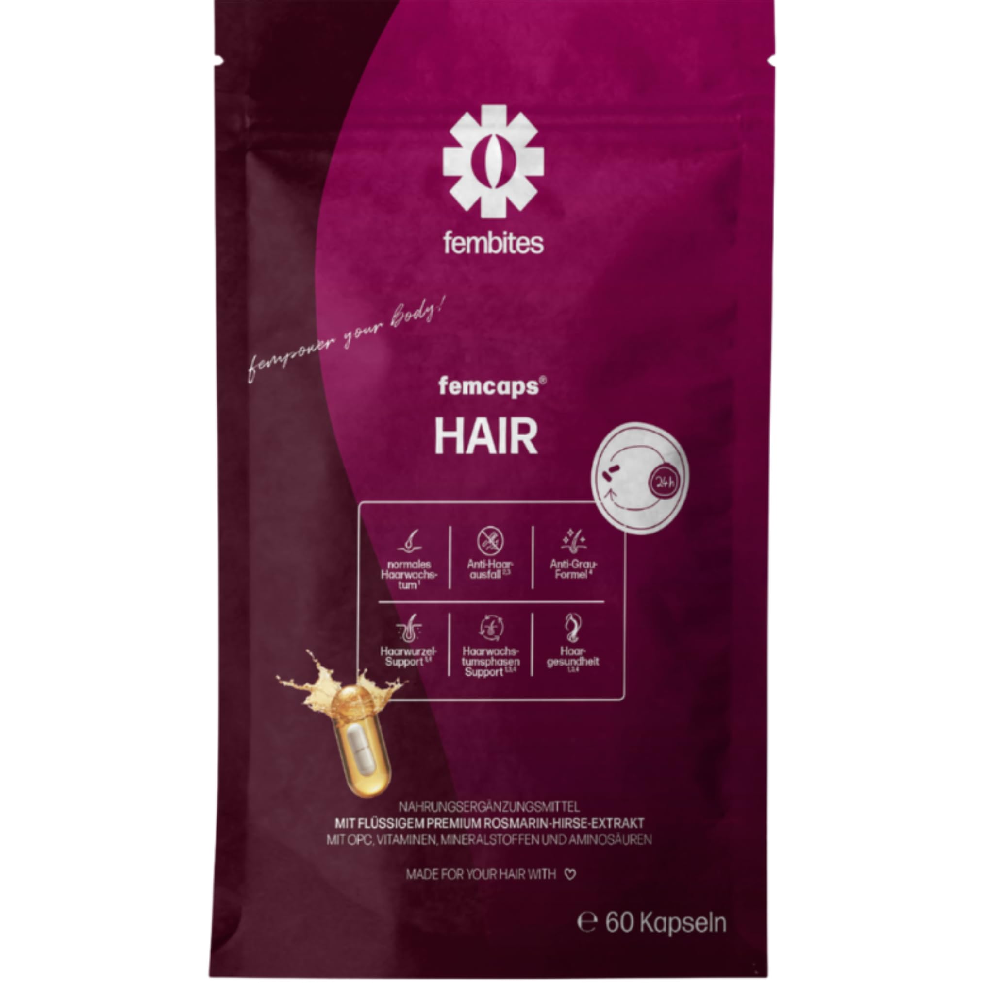 fembites femcaps Hair - Nährstoffkomplex für die Haare mit Keranat, Aminosäuren & Pflanzenextrakten - Vegan, Natürlich & Laborgeprüft - 60 Kapseln
