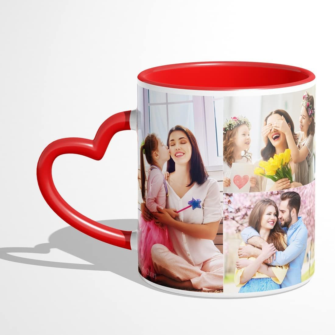 Customized Mug with Photo/Personalized Custom Photo -Quote -for Gift/Customisable Coffee Cup, Customised for Gift, Birthday, Anniversary, Ceramic-320 ML Inner Color RED - Heart Handle (5 Photos)