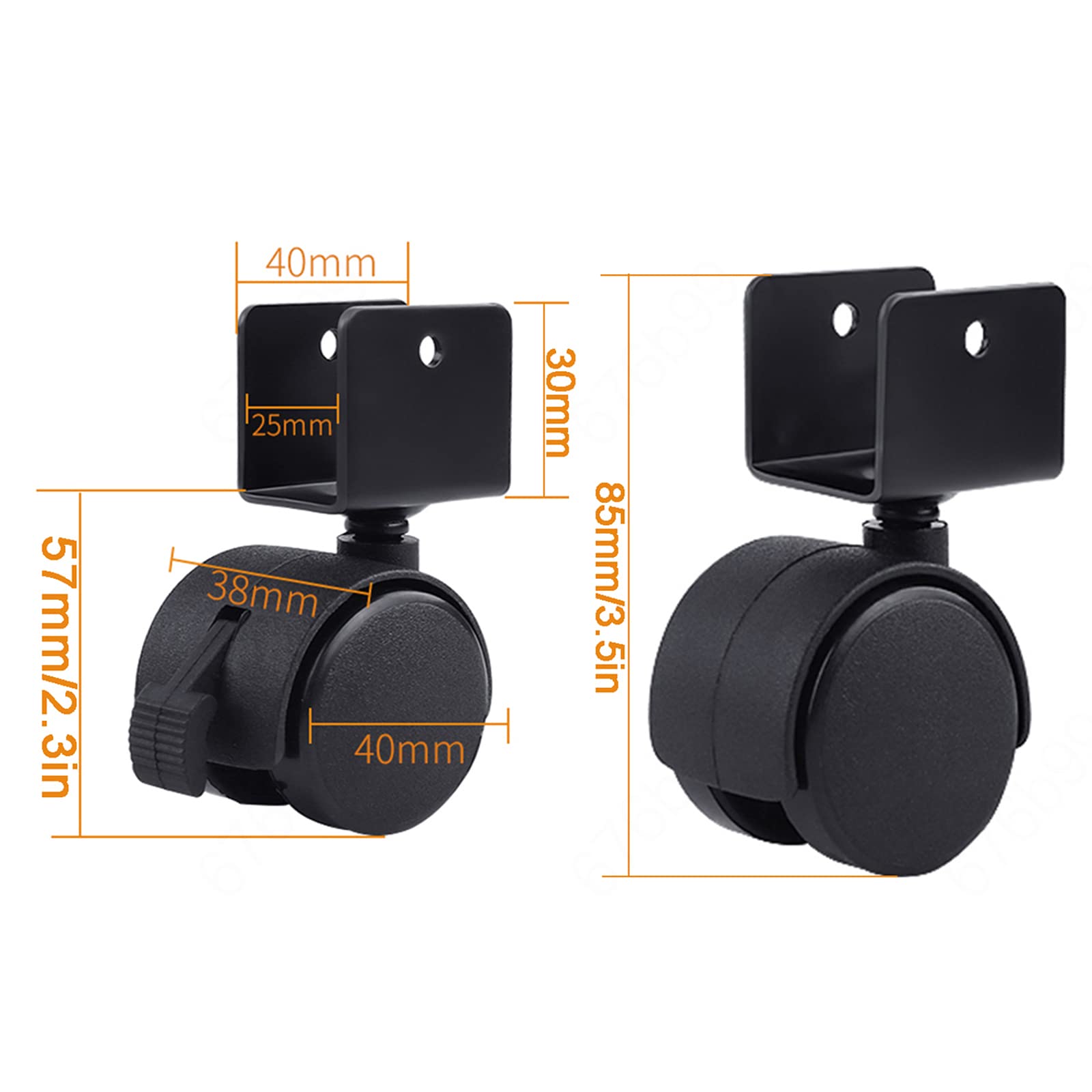 Rotelle girevoli a Forma di U da 4 Pezzi, rotelle per mobili Fai da Te, rotelle mobili per Supporto per Fiori, capacità di carico 60 kg, Ruote girevoli con Freno con Viti (Nero), 2