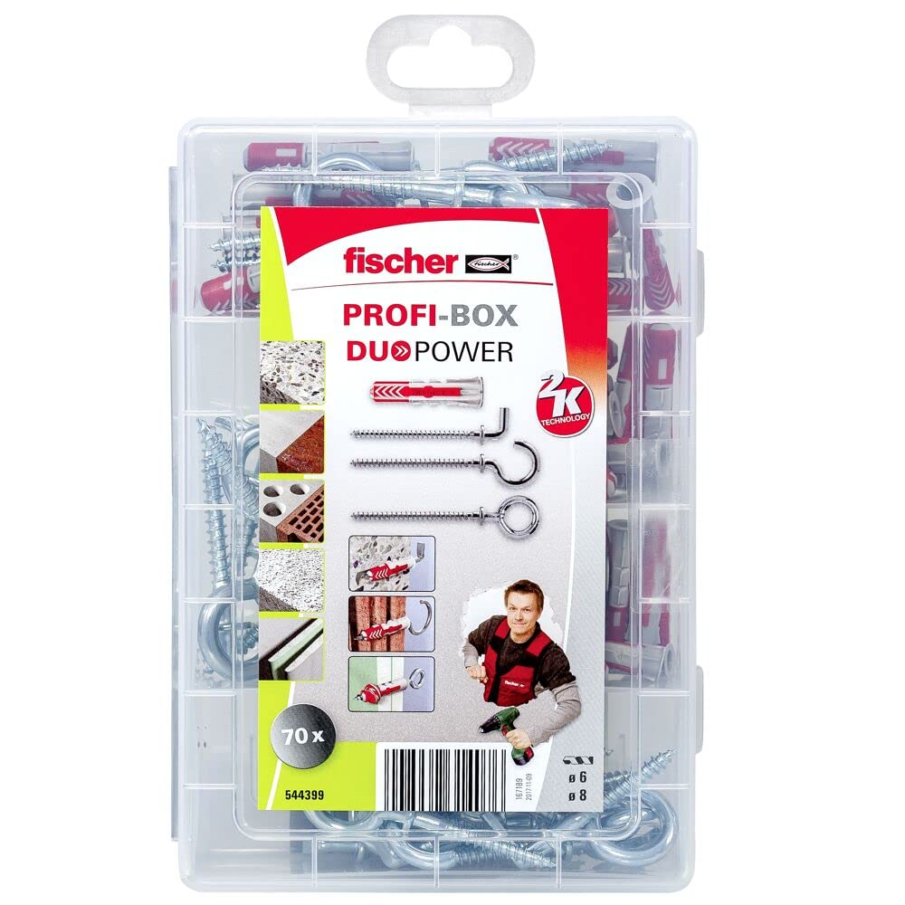 fischer 544399 Profibox Duopower + Hooks Plug Set, Caja pequeña, Grey and Red, 70 Unidad