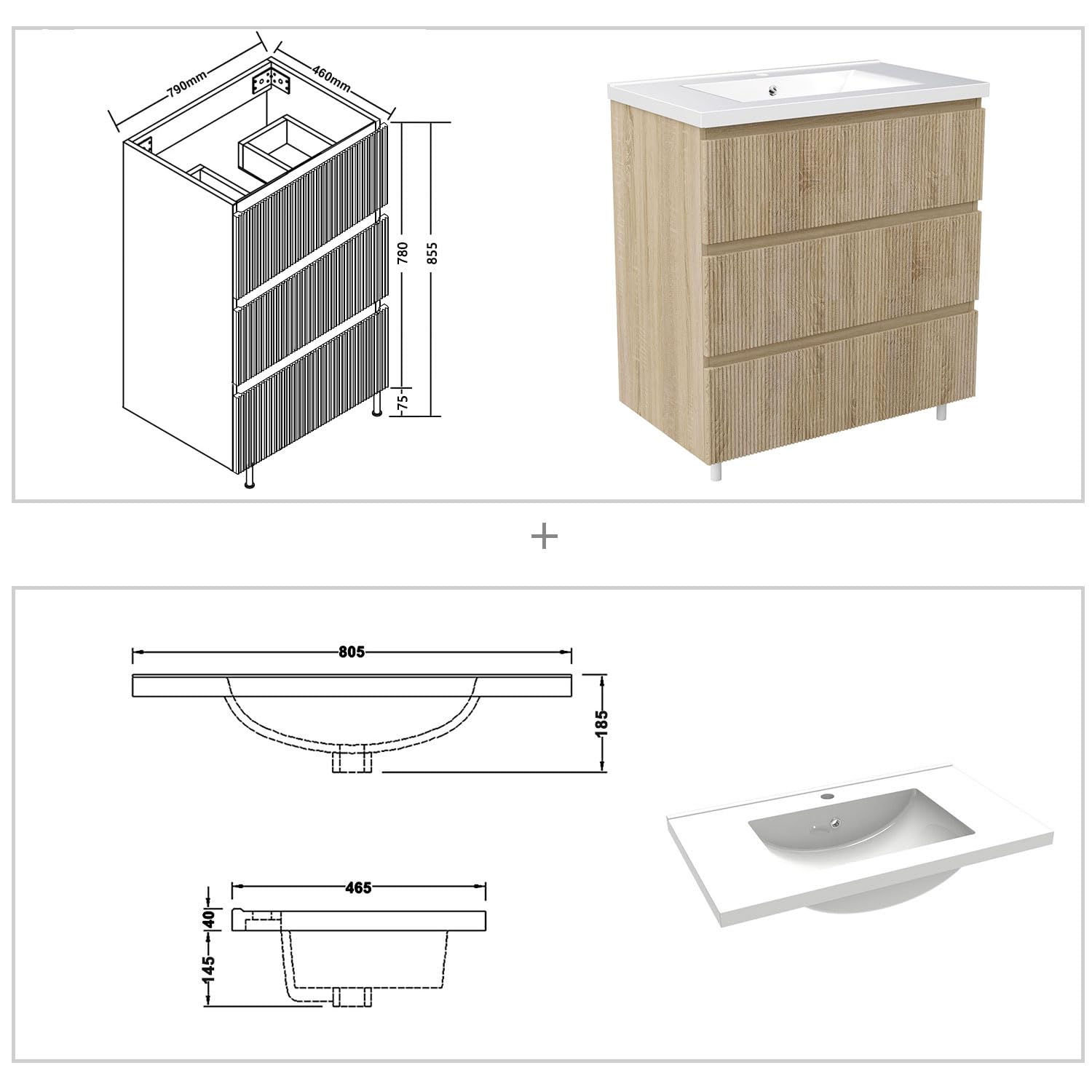 Aica Meuble de Salle de Bain Suspendu 79 cm, 3 tiroirs, avec Vasque en céramique, chêne Mat