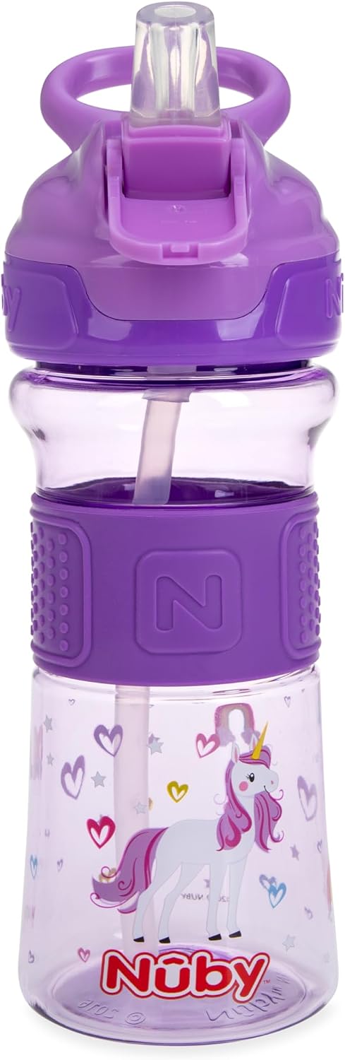 Nuby Thirsty Kids Flip-It Toddler Water Bottle with Easy Grip Band and Silicone Spout - 12 oz - Spill-Resistant - 18+ Months - Unicorn
