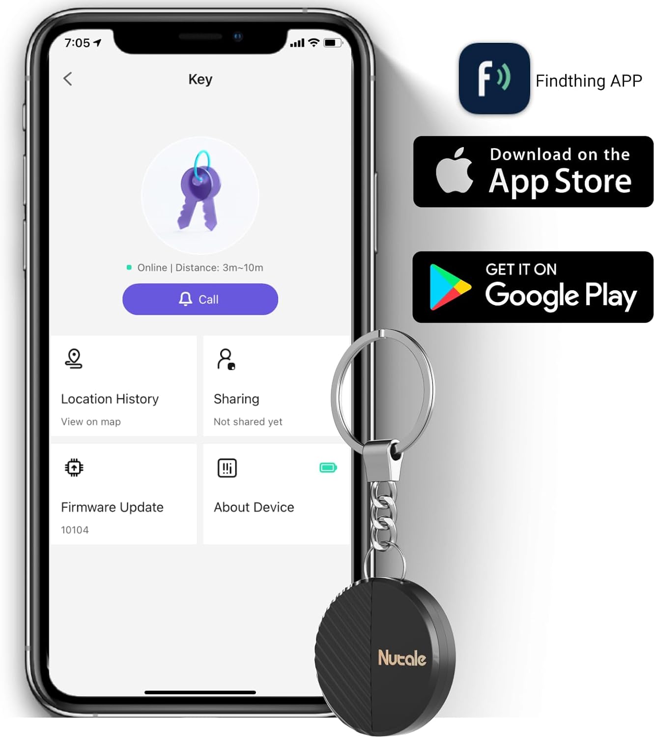 Findthing app interface on a smartphone with the Nutale device