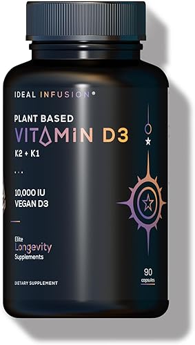 Ideal Infusion Vitamina D3 vegana a base de plantas 10,000 UI Plus K2 MK7 y K1 polvo MCT de coco, salud ósea y arterial, apoyo inmunológico (90