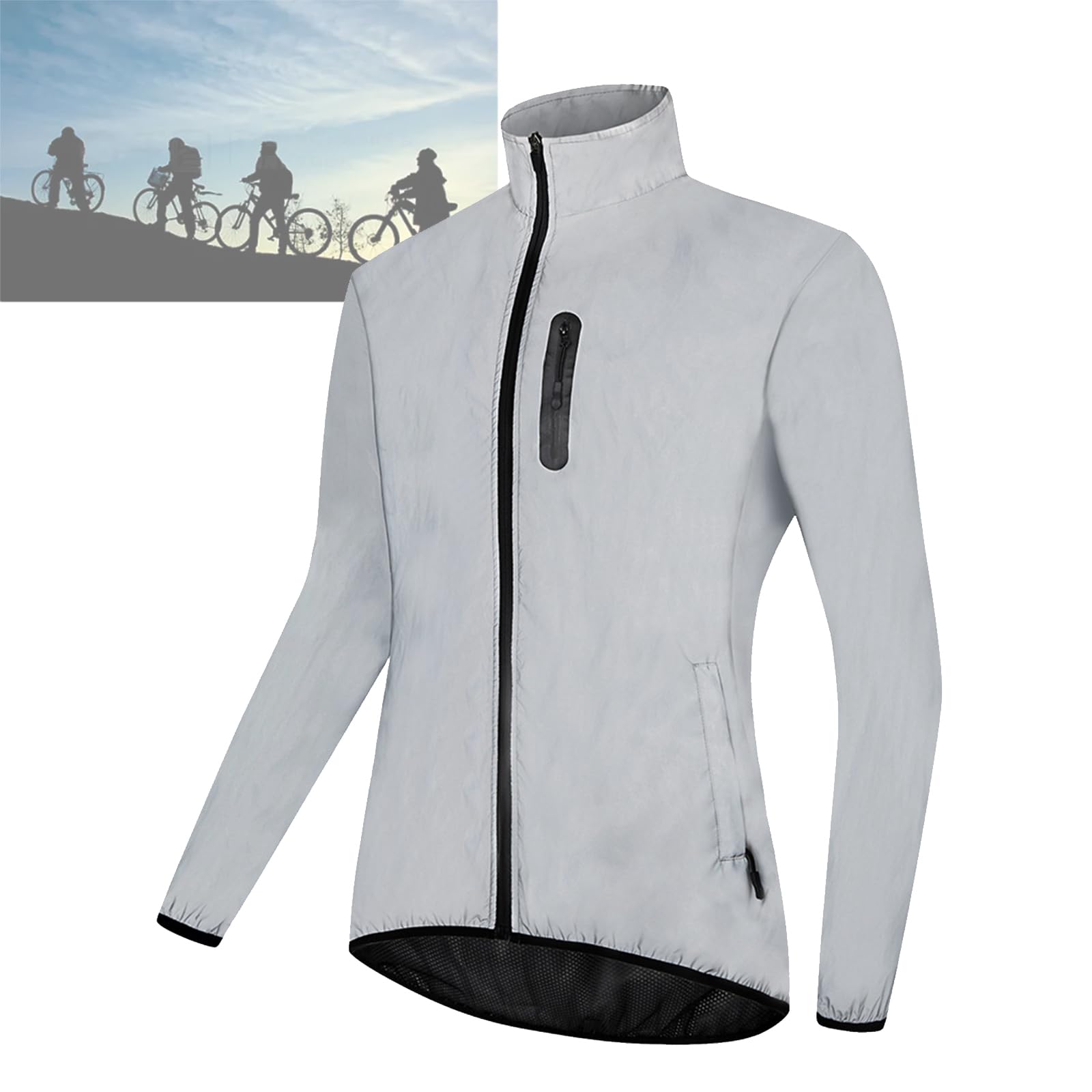 Reflektierende Jacke für Herren Nachtleuchtende Bomberjacke Winddicht Wasserdicht Atmungsaktiv Leichte Fahrradjacke mit Taschen,Silver-XL