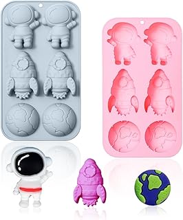 2 Pack Space Themed Silicone Cake Molds 6 Cavity 3D Astronaut Rocket Ear...