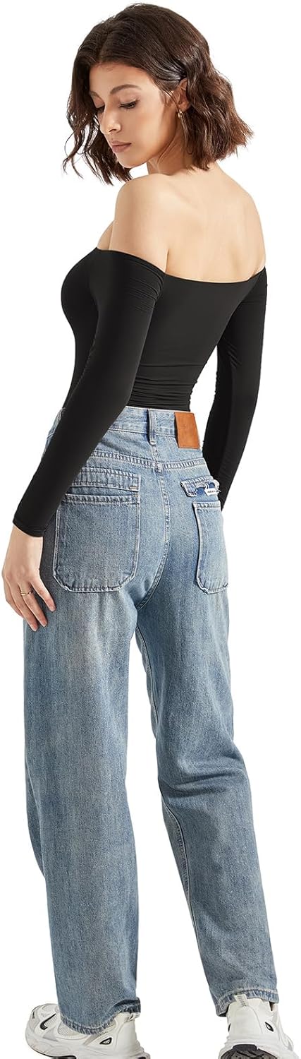 SUUKSESS Women Off the Shoulder Long Sleeve Bodysuit Double Lined Thong Bodysuit - Image 5