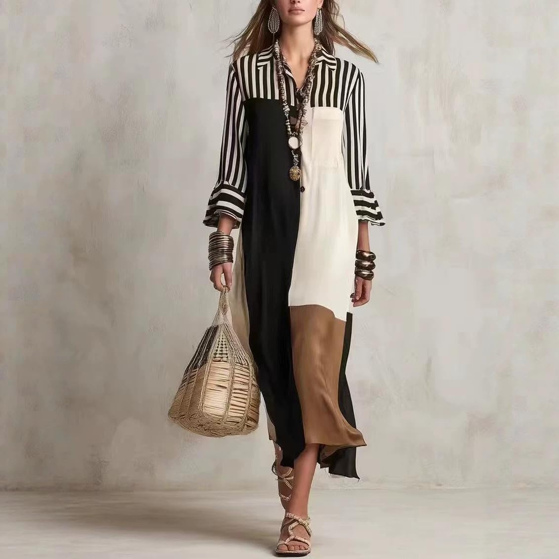 Vestido Camisa con Abertura, Bohemio Manga Larga