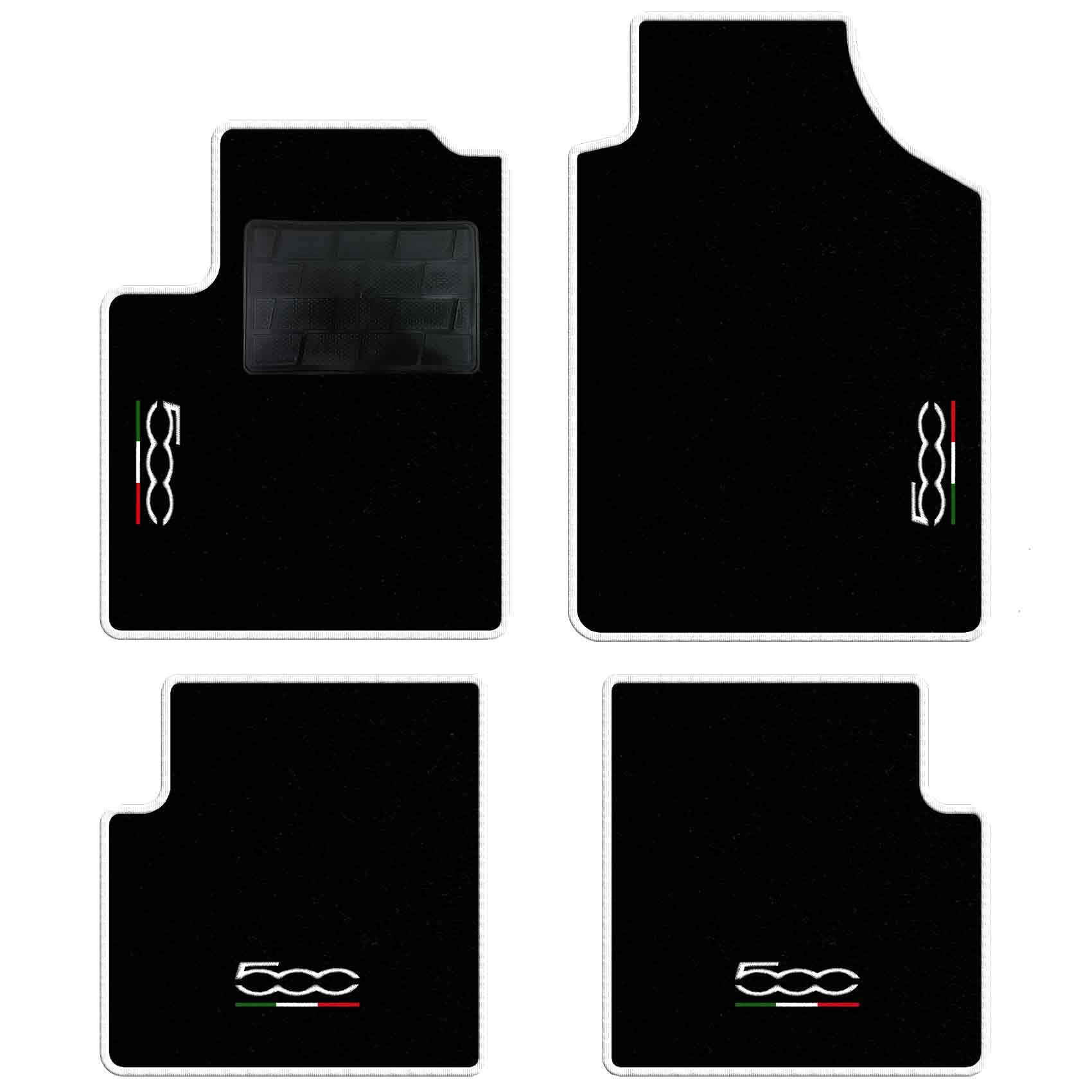 QUEMAR Kit Tappetini Auto Su Misura Per Fiat 500 (2007 E Hybrid) – Moquette E Gomma, 2 Anteriori + 2 Posteriori, Ricami E Colori Personalizzabili