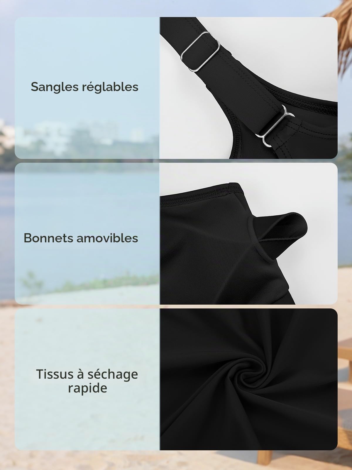 SHEKINI Haut de Maillot de Bain Femme Push up Simple Rembourré Amovible Brassiere Top Bikini Souples Couleur Unie Athlétique Séchage Rapide