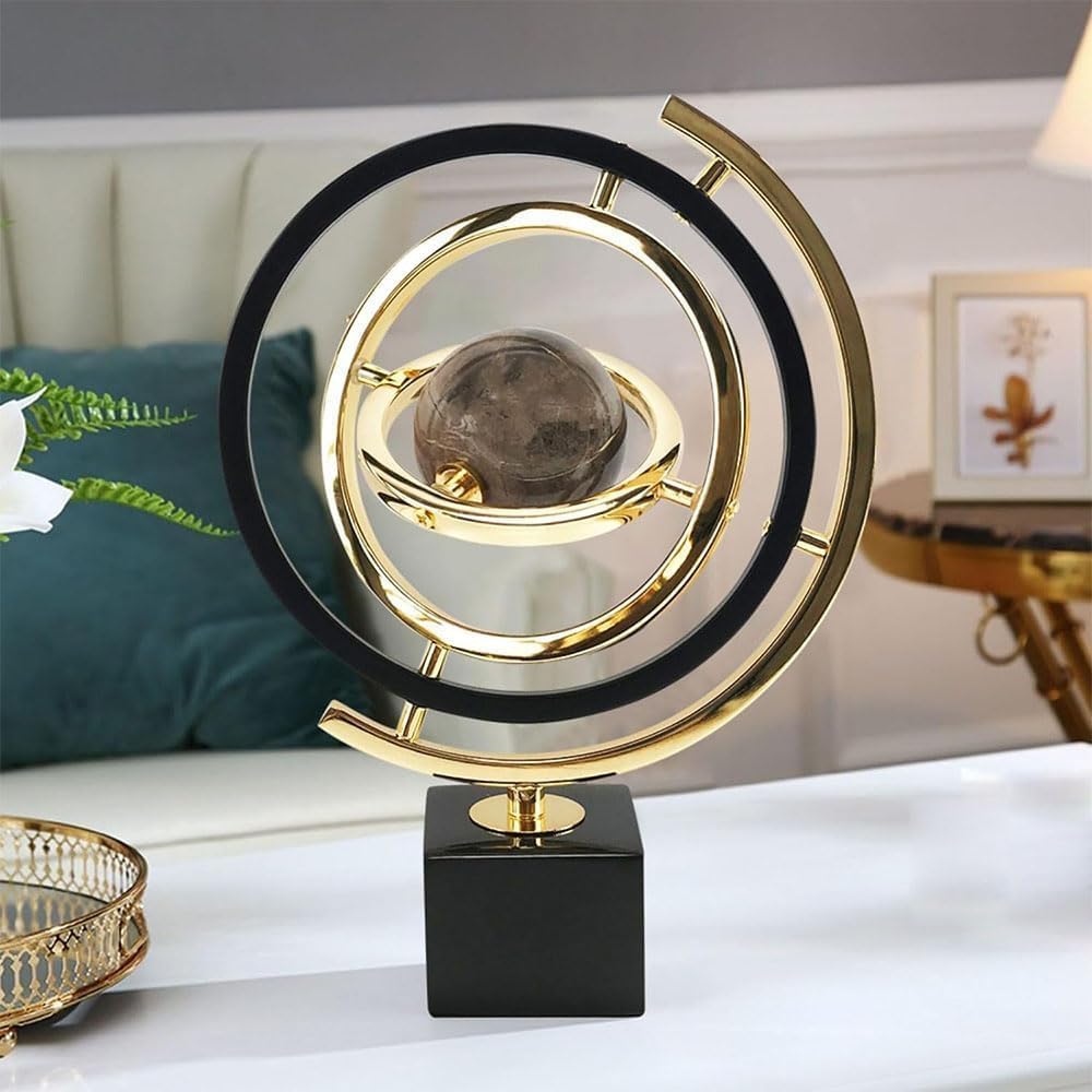 Goldene Globus-Dekoration, moderne abstrakte Kunstdekoration, Skulpturen, Heimdekoration, groß mit rechteckigen Ständern, Heimbüro, Schreibtischdekoration, Schwarz und Gold