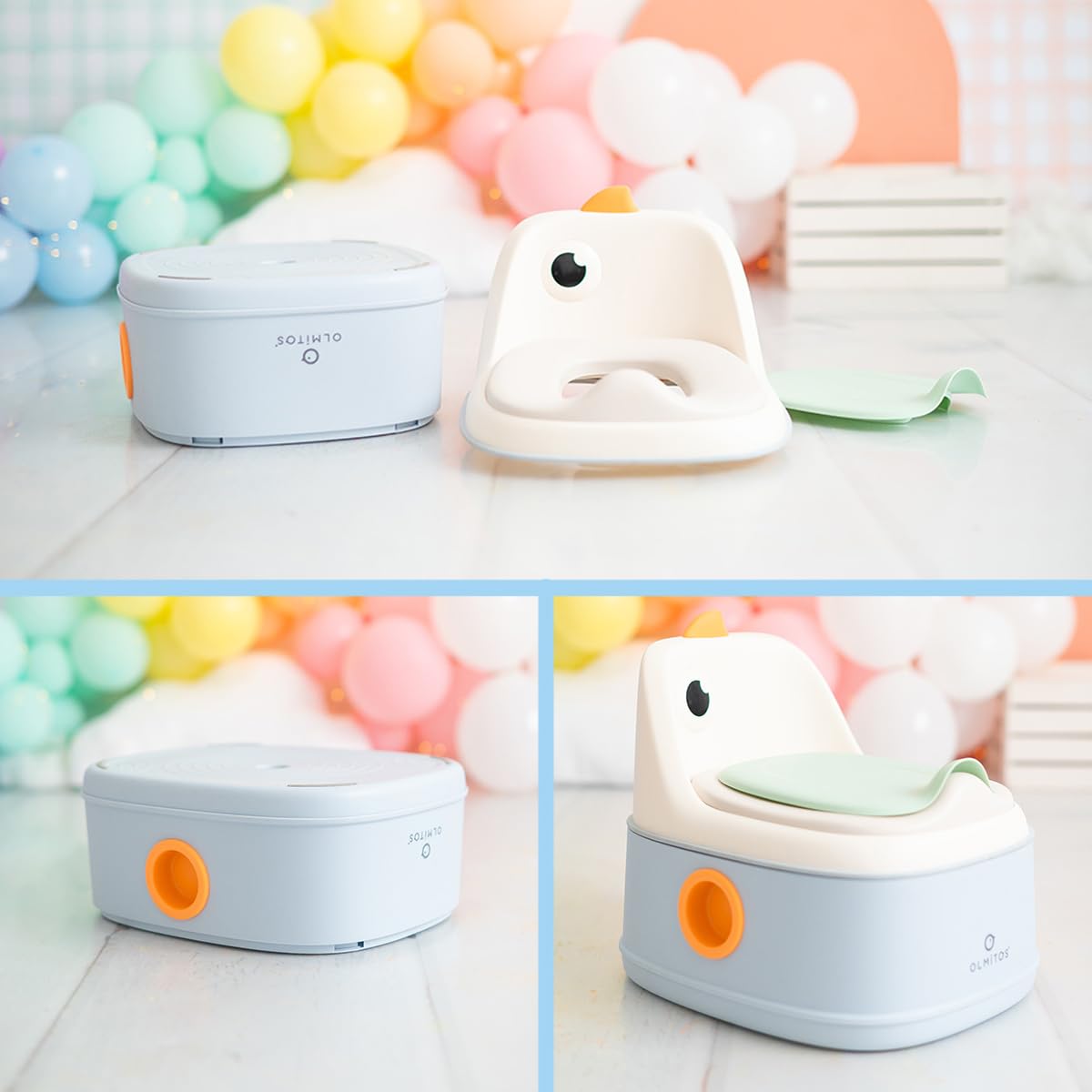 Olmitos - Orinal 3 en 1 infantil DINO de aprendizaje – 3 funciones Orinal, Reductor WC y Taburete - Vaso Extraíble, Antideslizante, Protección Contra Salpicaduras y Diseño Divertido – Versátil (Azul)