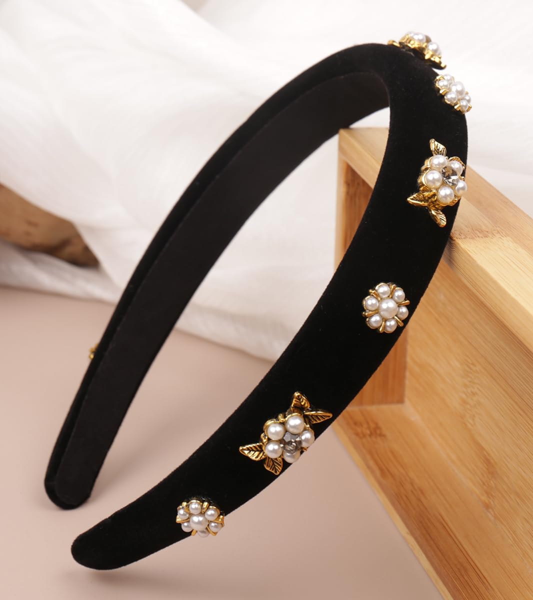 YARN & INK Black Flowers Velvet 1 inch Wide Pearls Headbands for Women Girls, Rhinestones Headband Party Headwear Vintage Handmade Hair Accessories (Camellia Velvet) - Image 3