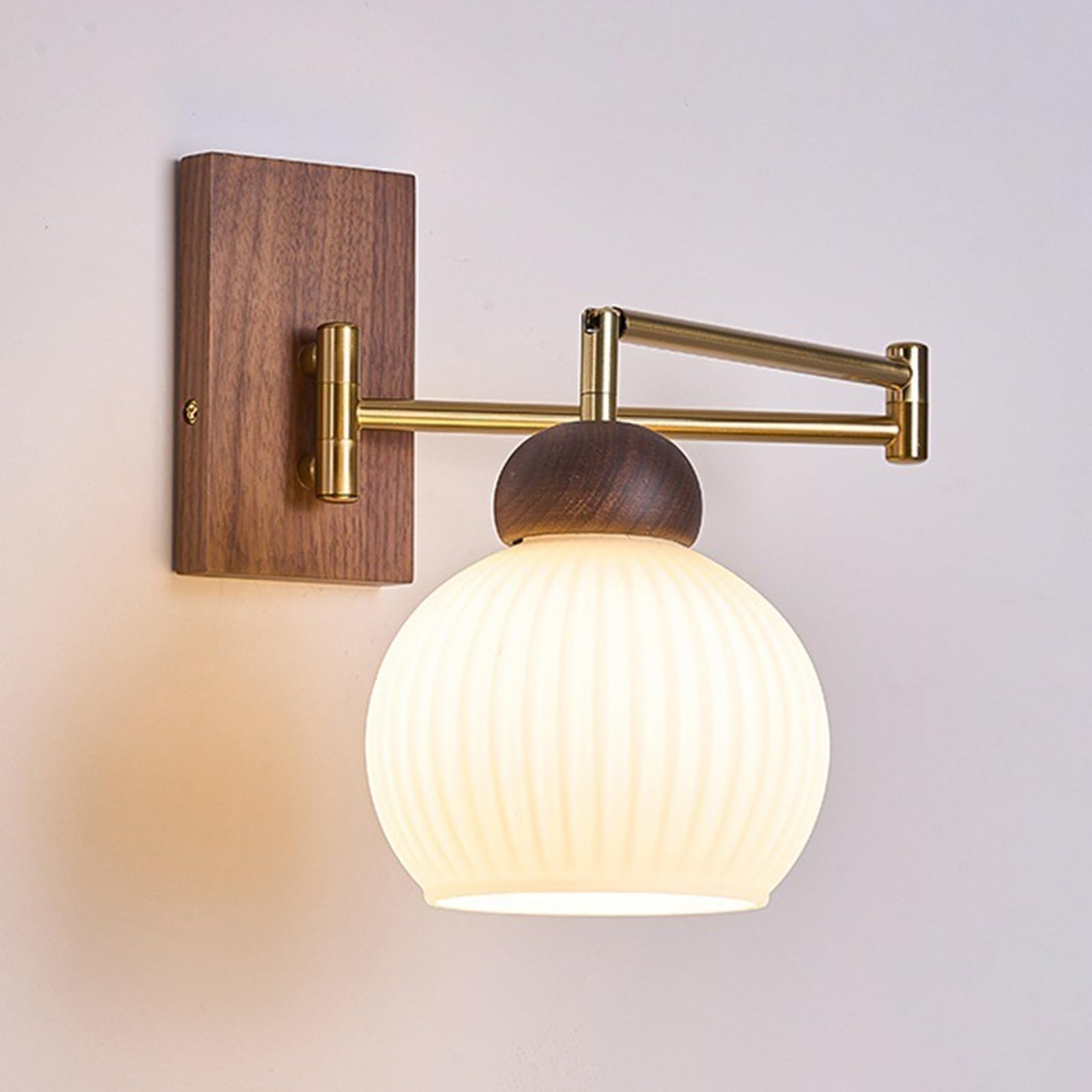 ITOSUI Adjustable Swing Arm Wall Light Fixtures Wood Wall Sconce Milk Glass Lampshade Bedside Reading Wall Sconces, Wooden Wall Mount Lights for Living Room Bedroom Study