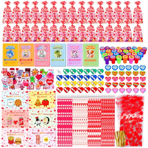 Valentines Day Gifts for Kids Classroom - 30 Pack Valentines Stationery Set with Cards, Notebook, Stamps, Pencils, Erasers, Sharpeners, School Exchange Party Favors, School Gift for Boys Girls