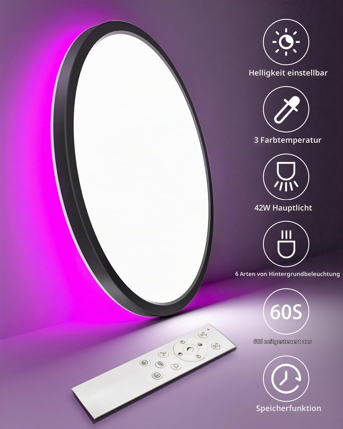 zemty LED Deckenleuchte Dimmbar 49CM, 42W 3360LM RGB Deckenlampe mit Fernbedienung, 3000K-6500K Wasserfest Badezimmer Lampe Decke für Bad Kinderzimmer Schlafzimmer Wohnzimmer Schwarz