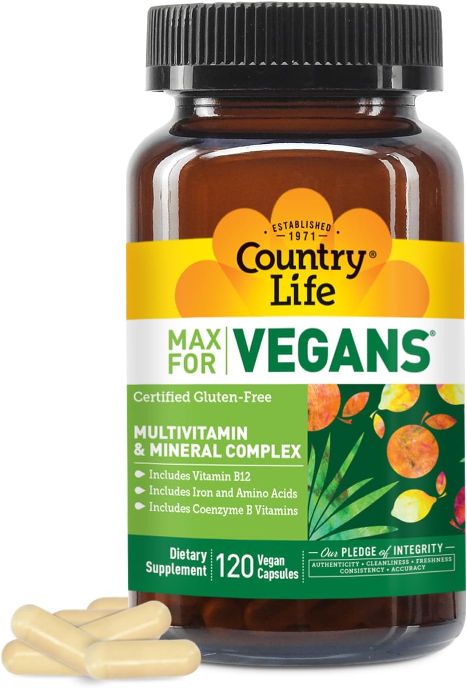 Country Life Max for Vegans – 120 Vegan Capsules – Daily Multivitamins – Immune Support Supplement – Contains Vitamin B12, Iron, Amino Acids, Coenzyme B Vitamins – Gluten-Free
