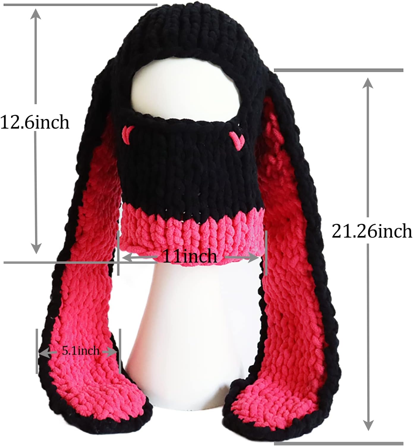 XKCL Bunny Ears Hat - Funny Knit Plush Hat with Long Fluffy Ears for Cosplay Party (Black Rose Red)