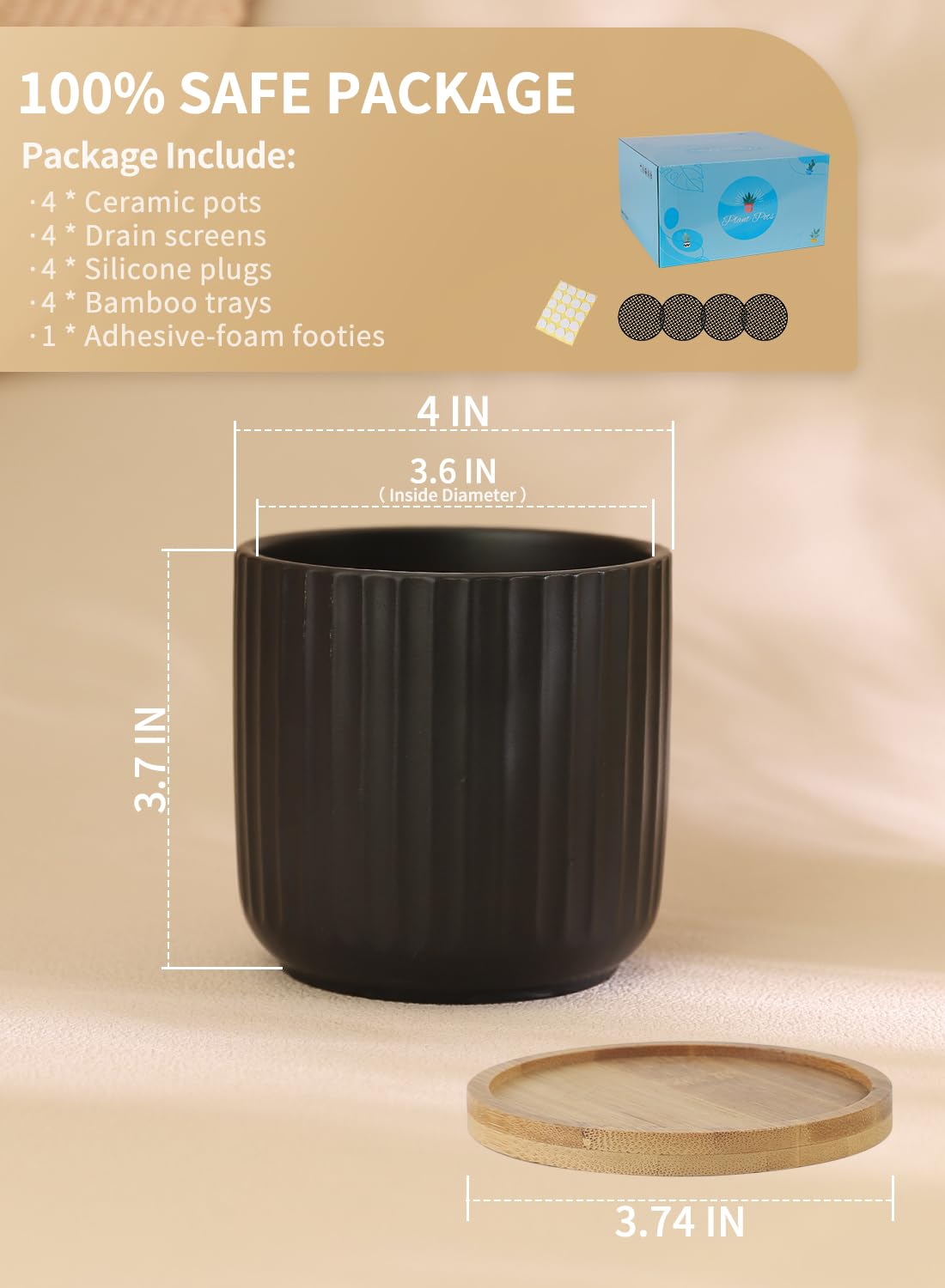 Lot de 4 petits pots de fleurs cylindriques en céramique de 10,2 cm avec trous de drainage, pots d'intérieur modernes avec soucoupe pour aloe, plantes succulentes, serpents, cactus et herbes,