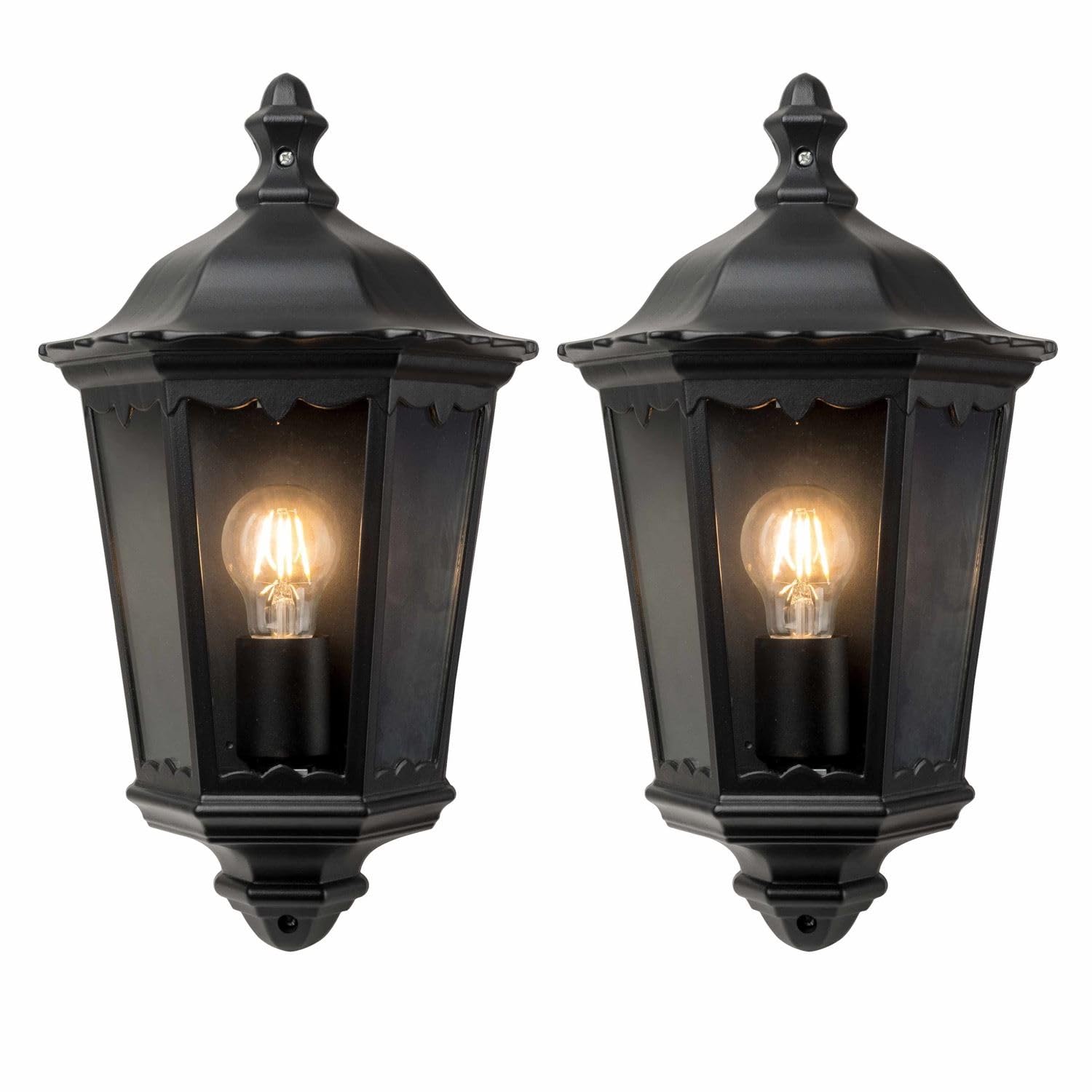 firstchoicelighting Set of 2 Classic Half Lantern Outoor Garden Porch Wall Lights, Matt Black Metal and Clear Glass, IP44 Rated Waterproof, LED Compatible, Modern Traditional Style