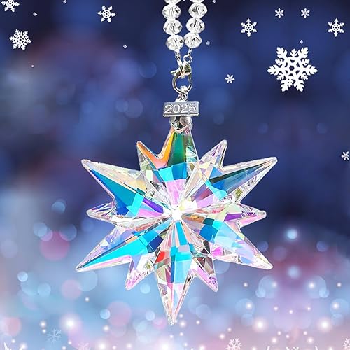 Miniatura 4 de Adornos de Navidad anuales 2025 con estrella de copo de nieve de cristal, adornos de cristal brillantes para árbol de Navidad, hermosos adornos de