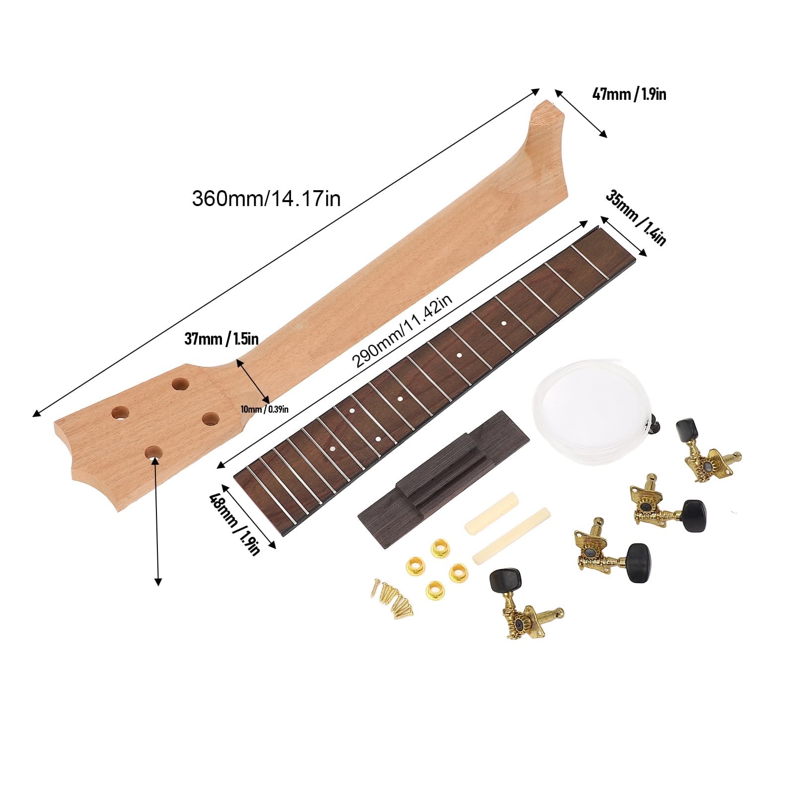 Kit de manche d'ukulélé à monter soi-même, fabriquez votre propre ukulélé avec ce kit : touche en palissandre, ensemble de boutons de cordes et de chevalet, ukulélé artisanal, kit de bricolage, pièces