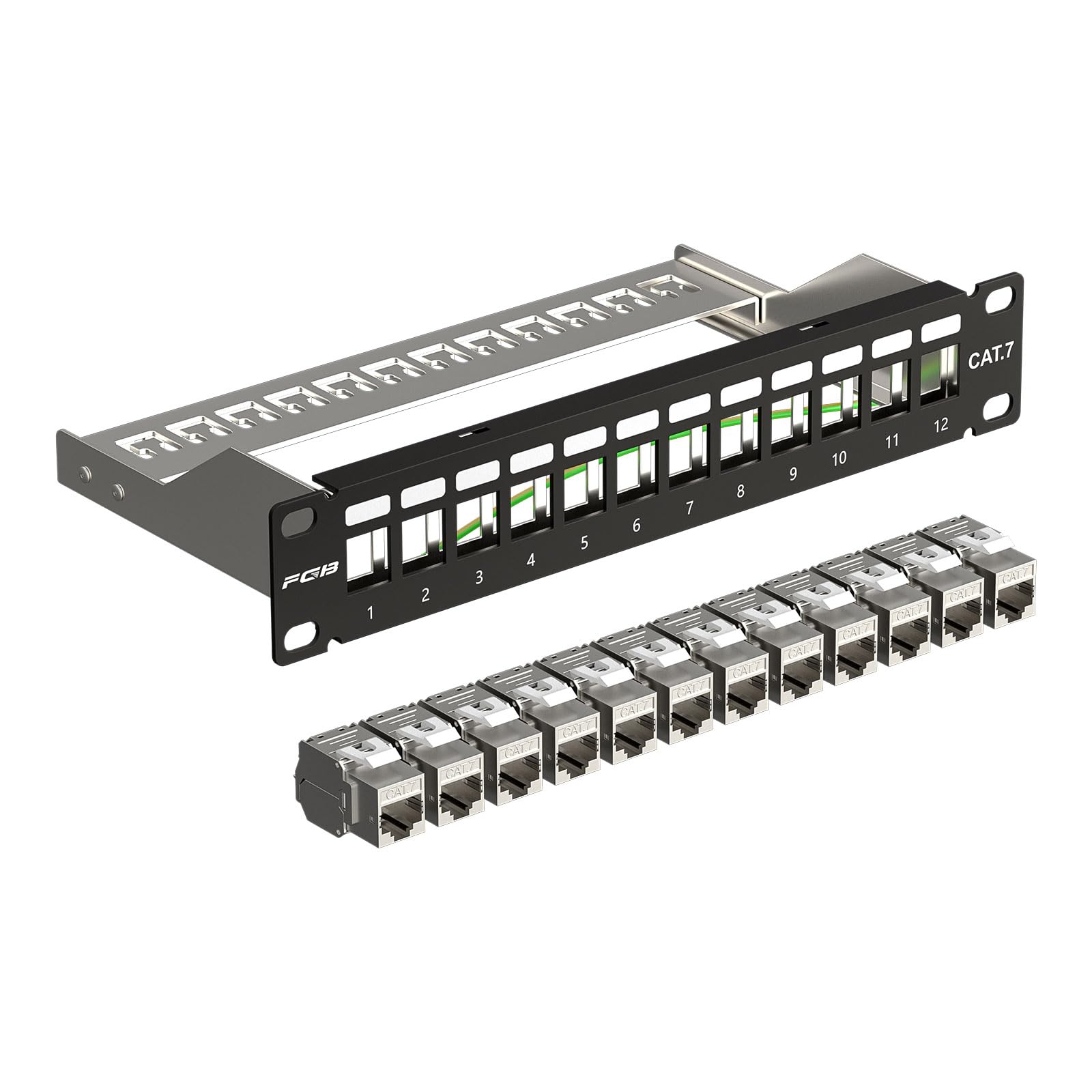FGB Panneau de brassage 12 ports CAT7 10 Gbps avec 12 modules Keystone Cat7 blindés, montage en rack RJ45 19", réseau LAN 600 MHz, câble de pose pour commutateur réseau Gigabit