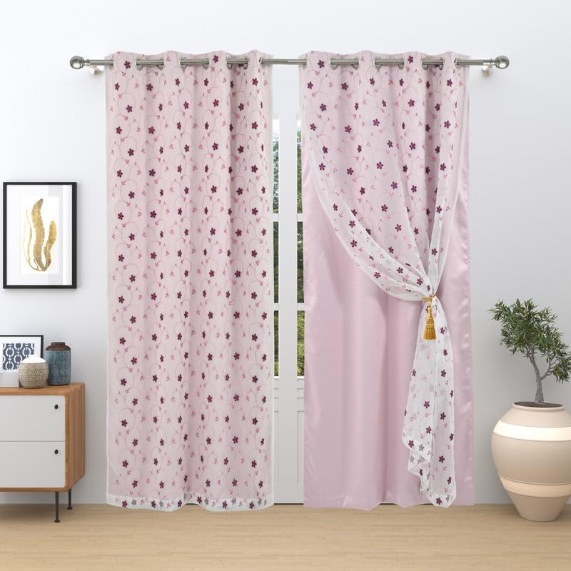Image of 2 in 1 Embroidered Sheer & Blackout Velvet Long Door Curtains with Eyelet Rings | Dual Layer Front Sheer Back Solid Curtains for Living Room & Bedroom 9 Feet, Set of 2