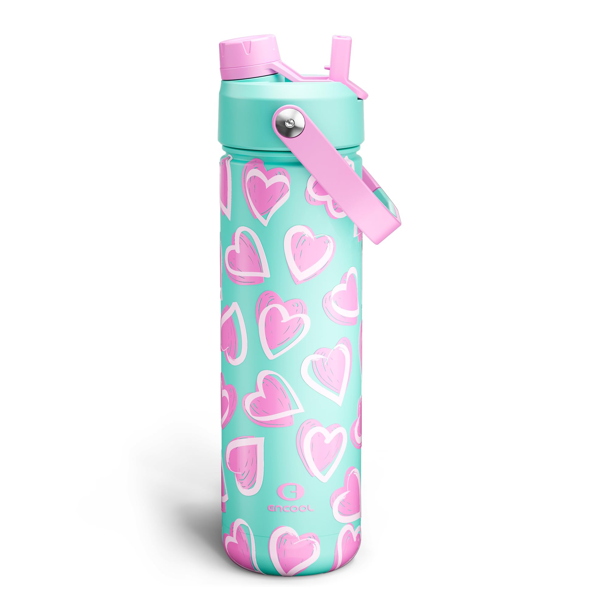 ENCOOL Insulated Water Bottle with Straw Stainless Steel Water Bottle, Leak-Proof, BPA-Free, Keeps Cold for 24 Hours for Sports, Travel, School (26 oz, Sketch Hearts Violet x Mint)