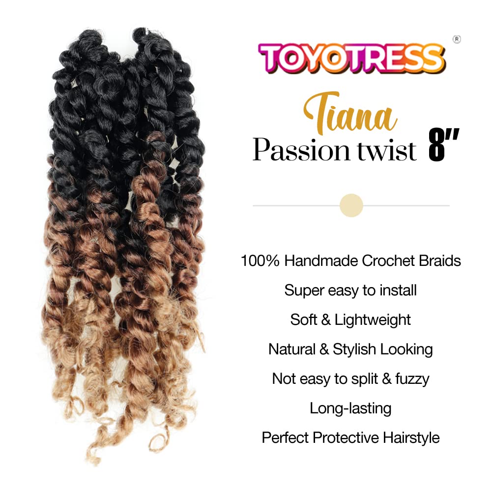 ToyoTress Tiana Passion Twist Hair - 8 Inch 8 Packs Pre-twisted Crochet Braids Ombre Brown Blonde, Short Bob Pre-looped Synthetic Braiding Hair Extensions (8 Inch, OT30/27-8P)