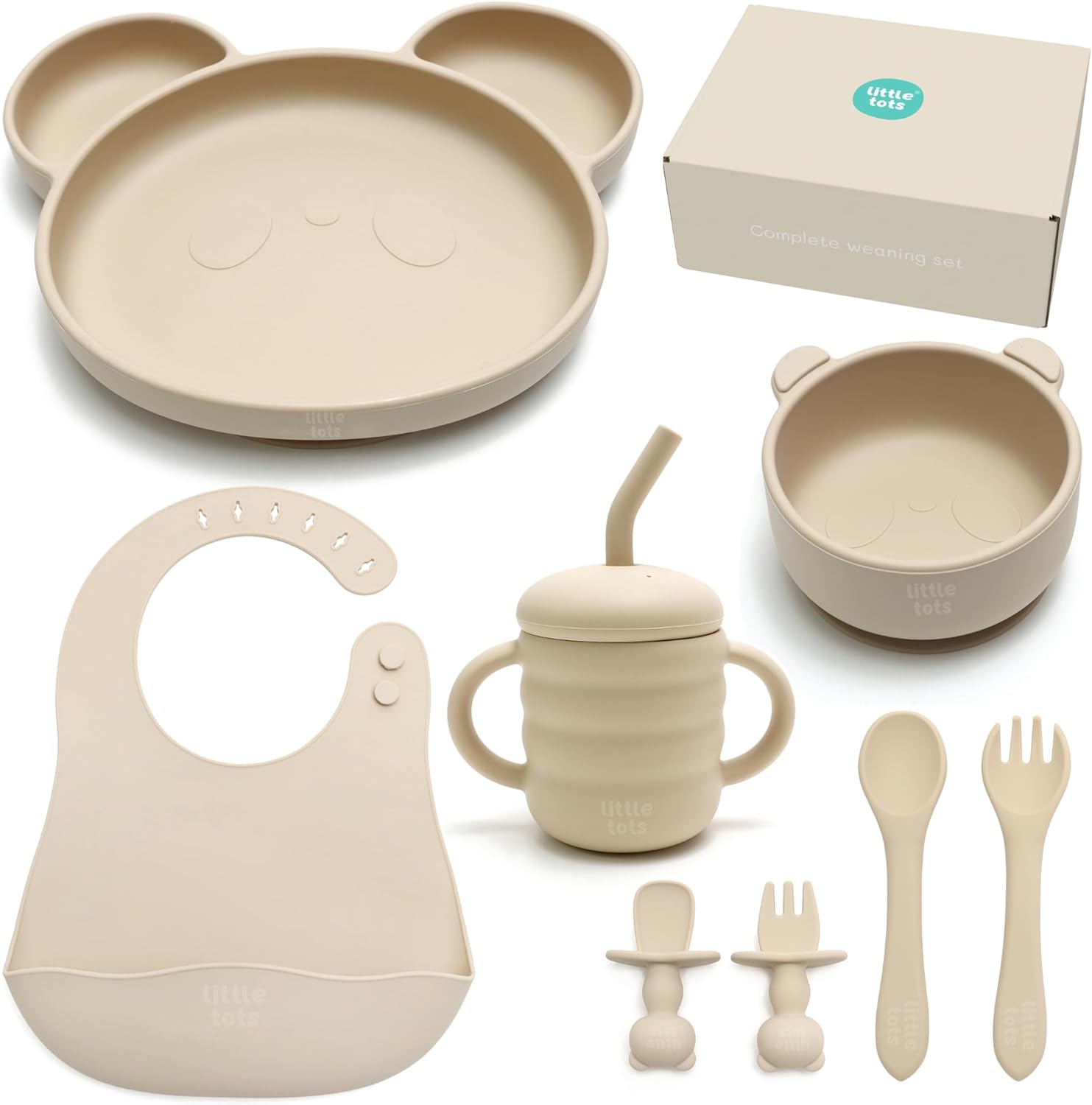 Baby Weaning Set by Little Tots® | Silicone Suction Plate, Suction Bowl, Bib, Sippy Cup + Straw, Toddler Spoon + Fork, Weaning Fork + Spoon | 8 Piece Feeding Set for Baby Led Weaning (Cream Cotton)
