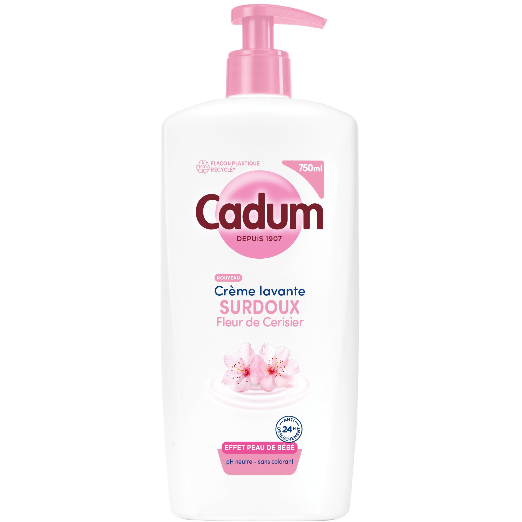 Cadum Crème Lavante Fleur de Cerisier & Huile d'Amande Douce Bio - Soin 24h Anti-Dessèchement - Formule Hypoallergénique pH Neutre Sans Savon - Toute la Famille dès 3 ans - Flacon 100% Recyclé