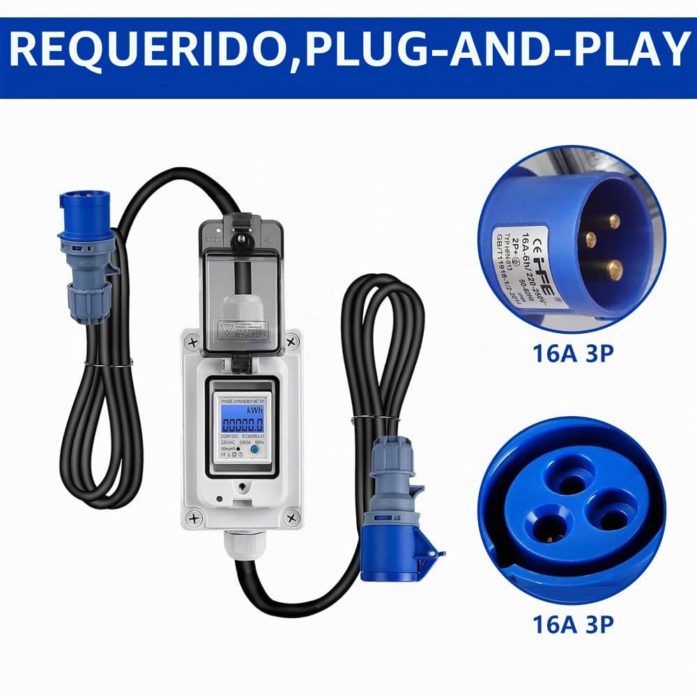 Medidor de Corriente Digital Móvil, 230V 16A Medidor de Consumo de Energía Digital con LED y Reinicio, Resistente al Agua IP65, Portátil para Vehículos Eléctricos, Caravanas, Camping, Exterior