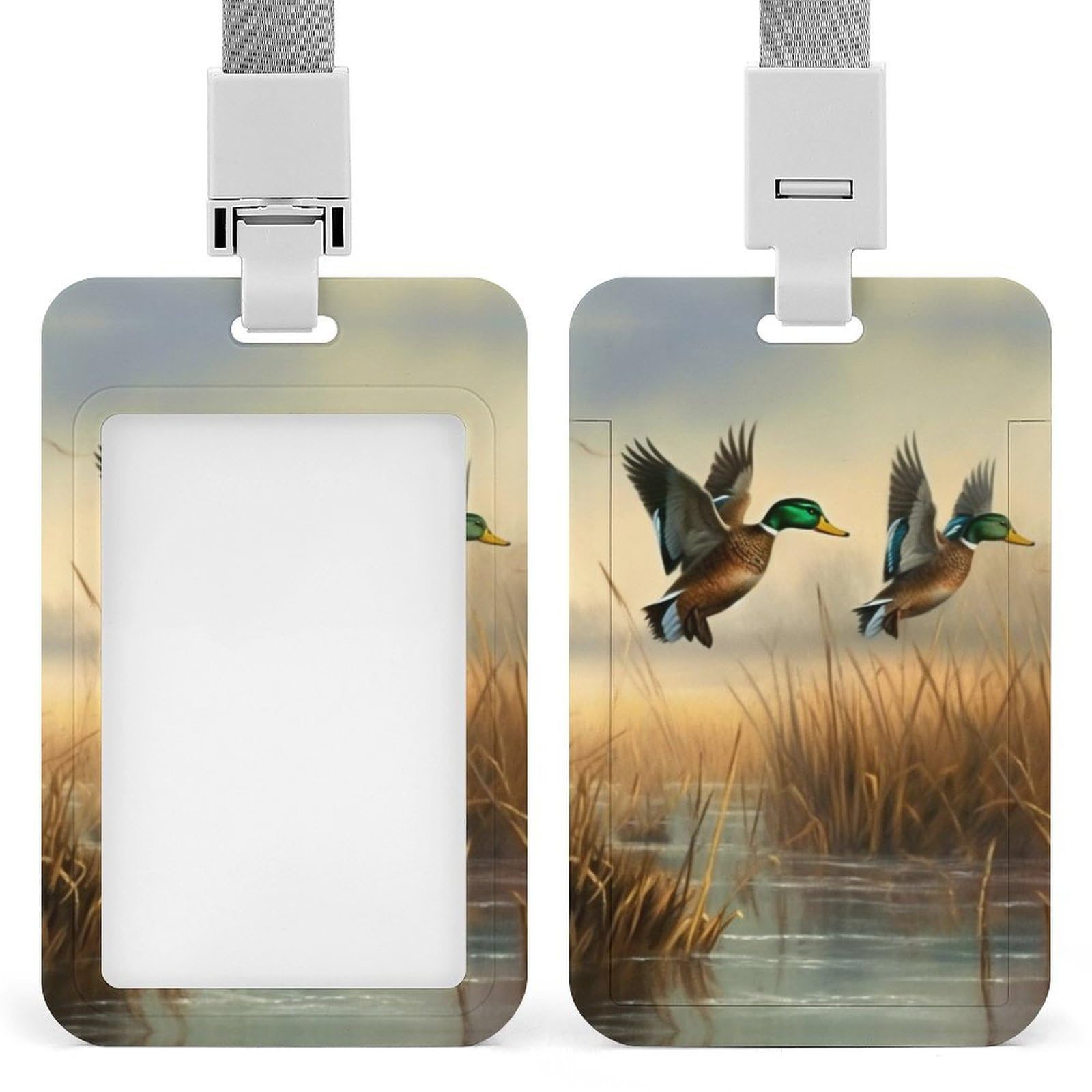 ID Card Holders for Lanyard,Hunting Flying Wild Printed Badge Holder with Clear Window,Plastic Vertical Bus Pass Holders for Work Teacher Nurse Employees Proximity Key Cards Women Men