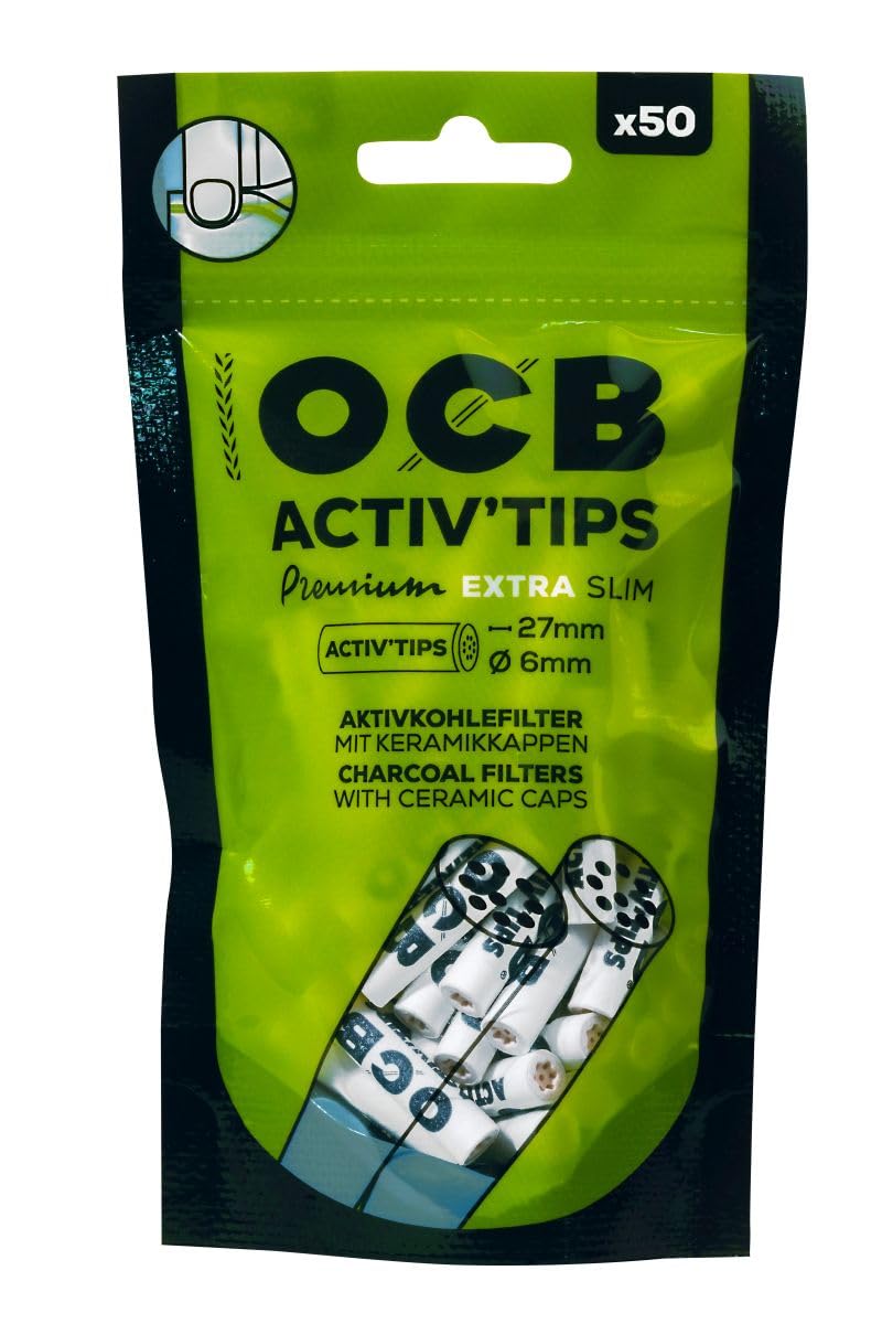 OCB 18571 ActivTips Lot de 20 sachets de 50 sachets de 50 filtres à charbon actif extra slim 6 mm avec capuchon en céramique
