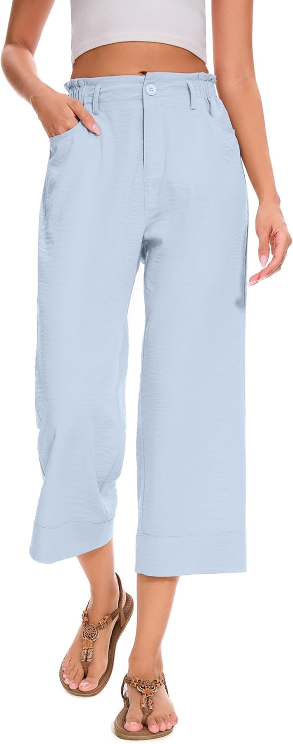 FUNYYZO Women Summer Capri Pants Trousers Pants Drawstring Waist Wide Leg Casual Loose Fit Dressy Pants