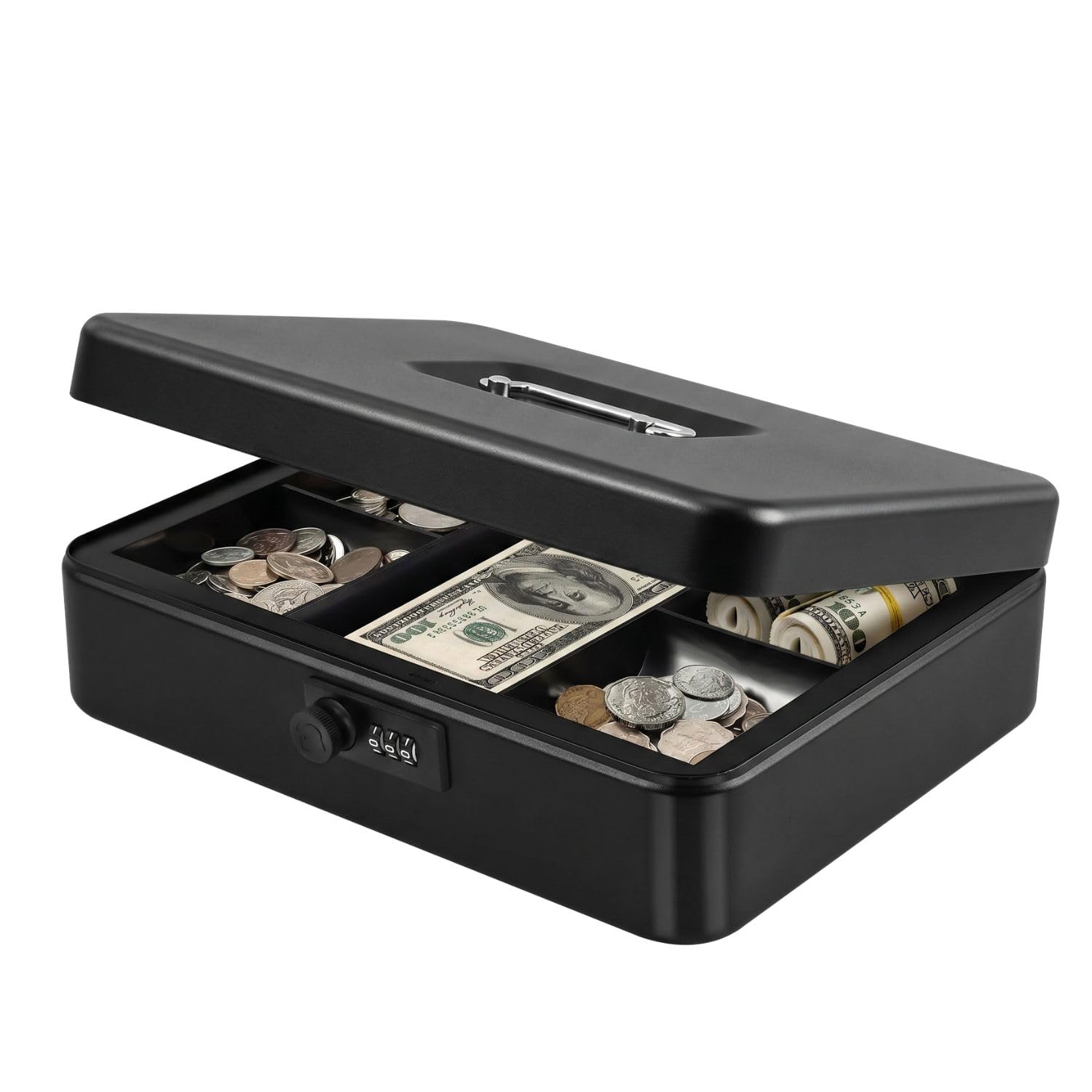 Flexzion Cash Box with Combination Lock - Metal Cash Box with Money Tray and Lock - 5-Compartment Money Lock Box for Cash, Petty Cash, Checks, Coins, 11.8"x 9.4"x 3.5", Black โ image 1