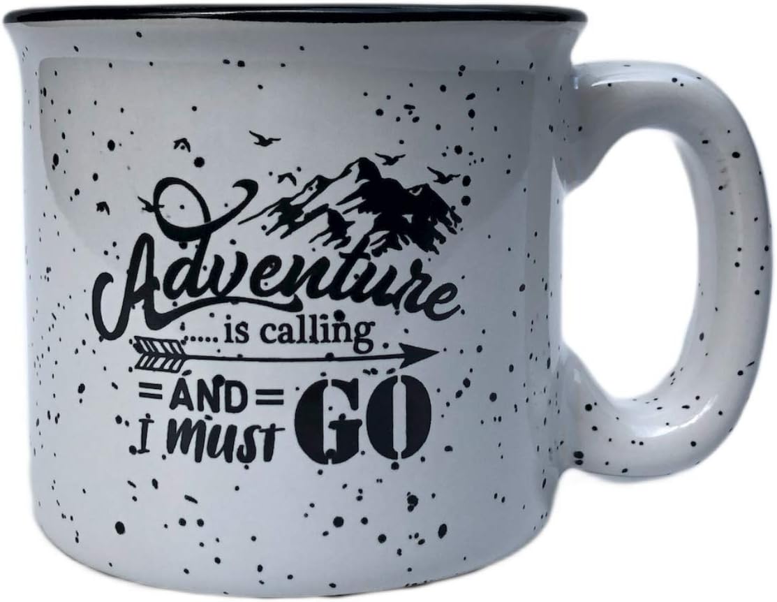 Adventure Is Calling Ceramic Campfire Coffee Mug - Campfire Gift Mug For Happy Camper - Outdoor Backpacking Mountain Camper Mugs Lovers - Cool Gifts for Friends, Moms- Perfect Christmas + Holiday Gift